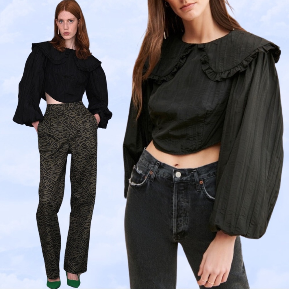 GHOSPELL Crinkle Wide Collar Blouse Black Goth Corset Crop Top Balloon Sleeve L